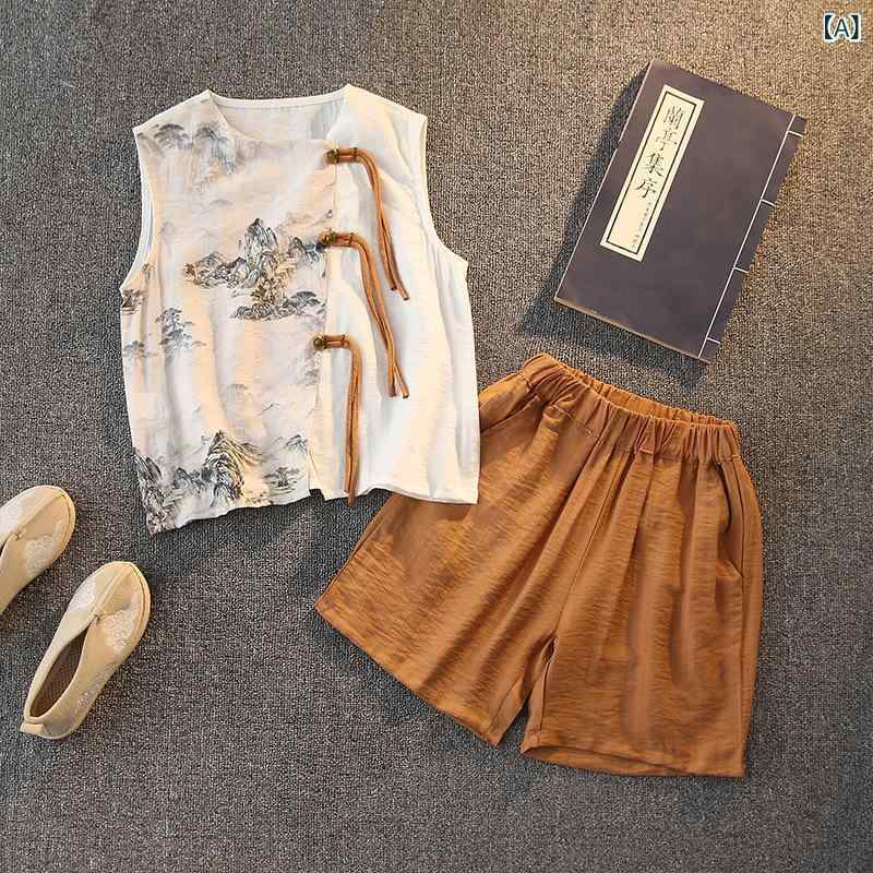 子供用 漢服 ベスト セットアップ 夏 ノースリーブ 新中国スタイル 上下セット 男の子 唐装 中国風2