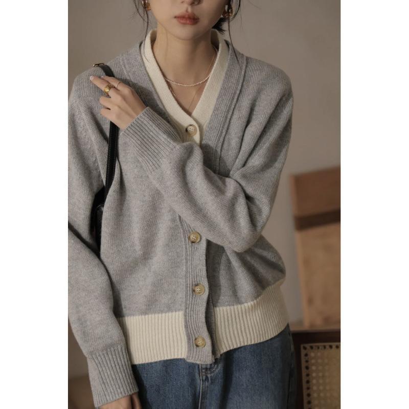ニット レディース Vネック 配色 カーディガン フェイクレイヤード トップス 羽織り 秋冬(3.0)