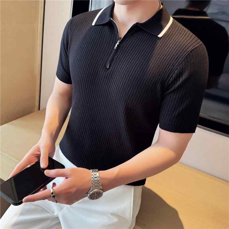 Rakuten - ポロシャツ メンズ 男性用 Vネック ジップアップ ニット スリム 伸縮性 接触冷感 トップス インナー カジュアルスタイル