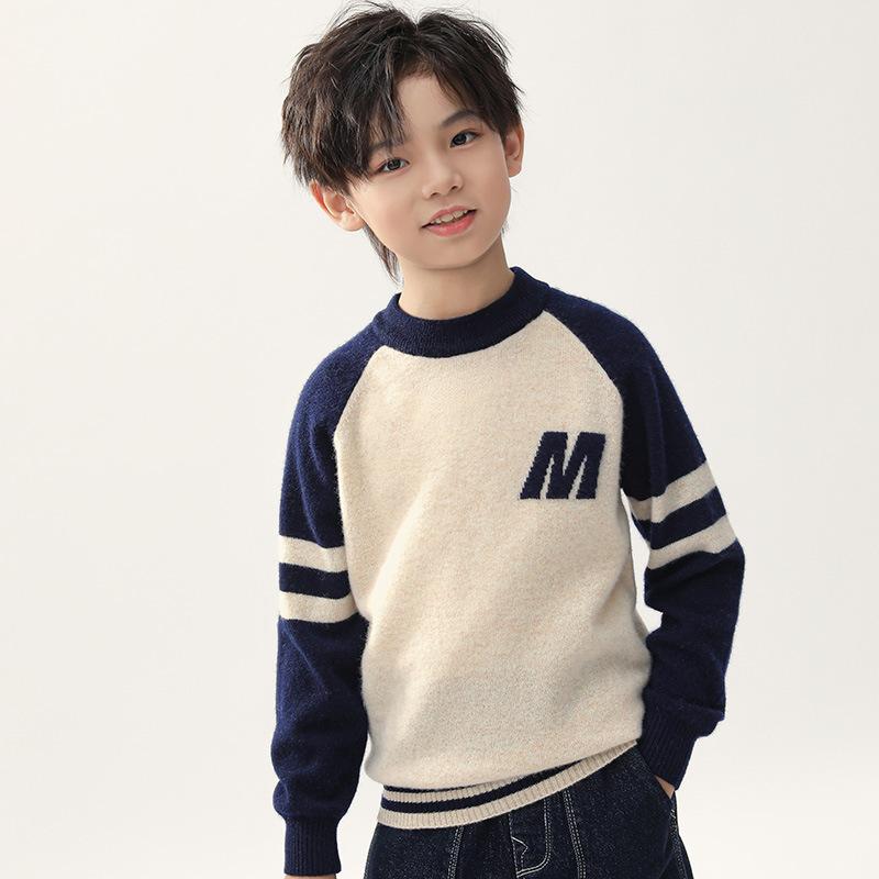 ニット キッズ 男女兼用 子供服 丸首 セーター ウール100% 配色 アルファベット 刺繍 秋冬・適用性別: 男女兼用・スタイル: カジュアル・袖丈: 長袖・柄: 字母・元素: 字母・領型: ラウンドネック・カラー: ネイビー, キャメル, クラインブルー, パープル・対象身長: 110cm, 120cm, 130cm, 140cm, 150cm, 160cm・生地: ウール・主な生地の組成: ウール・主な生地の組成含有量: その他・対象年齢: 中・高学年（8歳以上、140cm以上）・カテゴリー: 子供用ニットシャツ
