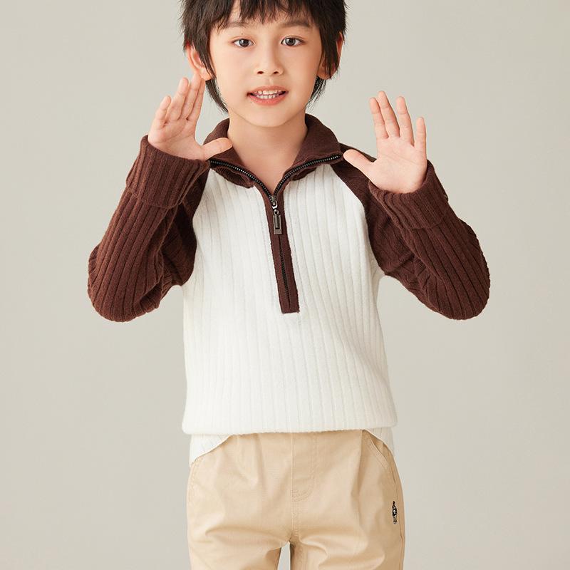 ニット キッズ 男の子 ハーフジップ セーター 子供服 ウール カシミヤ 高品質 ハイネック 切り替え 配色 韓国風 防寒 秋冬