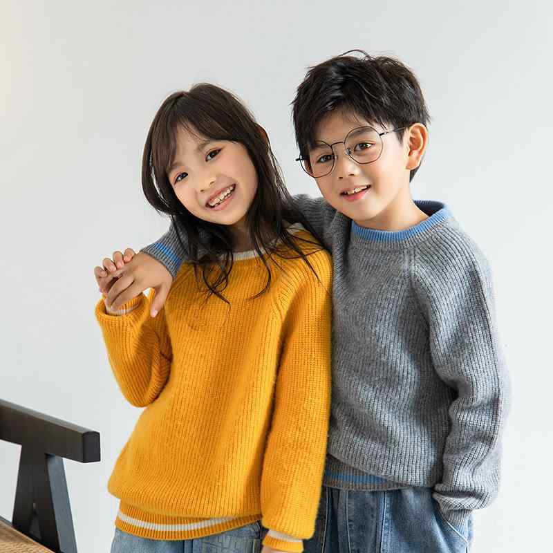 ニット キッズ 秋冬 ピュアウール セーター 丸首 男の子 女の子 中大 厚手 保温 切り替え