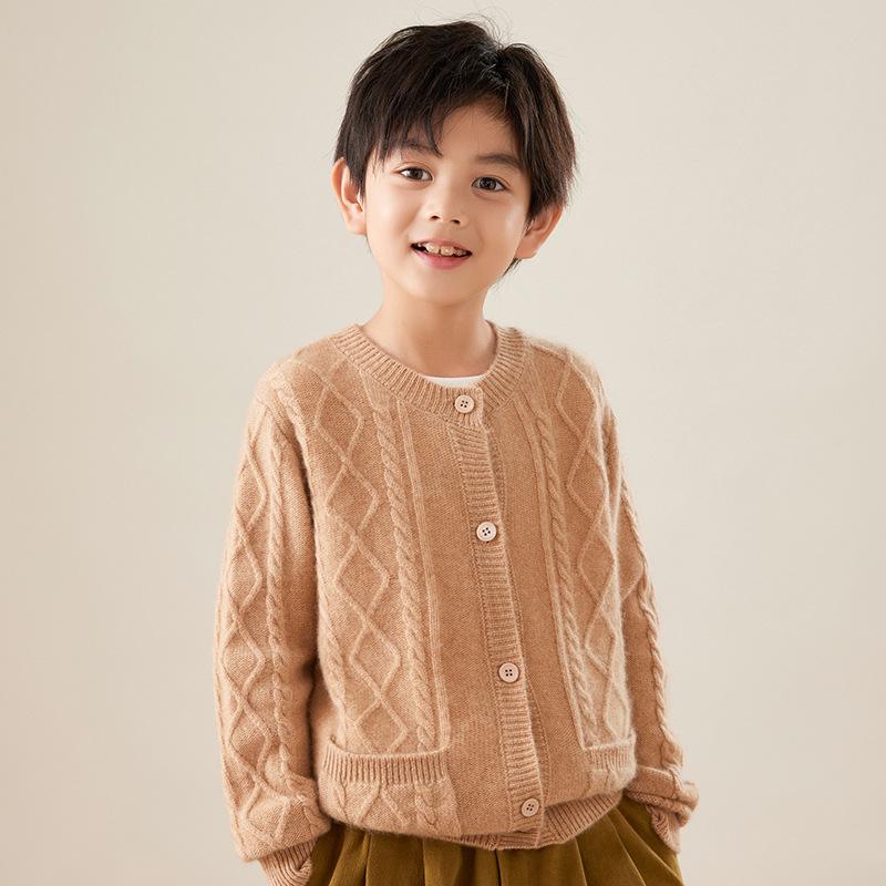 樂天商城 - ニット キッズ 100% ウール ニット カーディガン 秋冬 新作 無地 丸首 厚手 男の子 女の子 中学生 高校生 ニット セーター