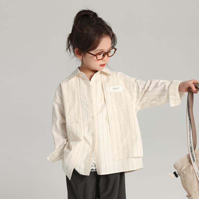 シャツ ガールズ 子供 ストライプ コットン レトロ 春 トップス ブラウス2