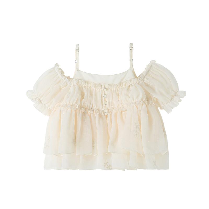 シャツ ガールズ フレンチデザイン 半袖 トップス ショート丈 オフショルダー 子供服 キャミソール かわいい