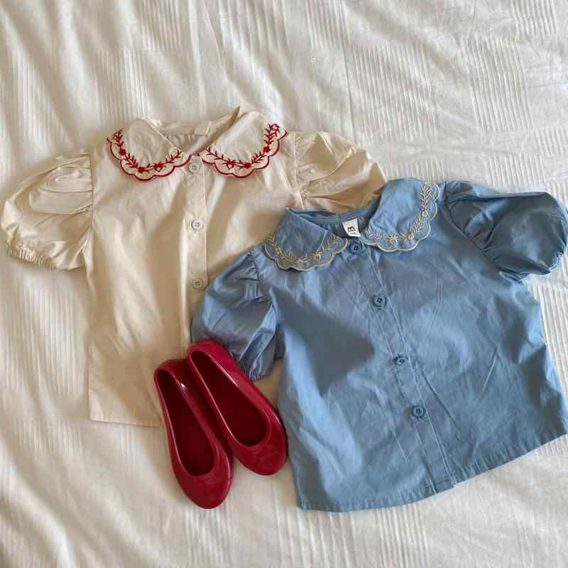 シャツ 女の子 子供 全綿 コットン 刺繍 半袖 トップス ブラウス 娃娃襟 かわいい 春夏