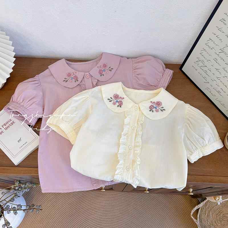 シャツ キッズ 女の子 半袖 刺繡 花柄 ドールカラー ブラウス かわいい おしゃれ 子供服 カジュアル 上品