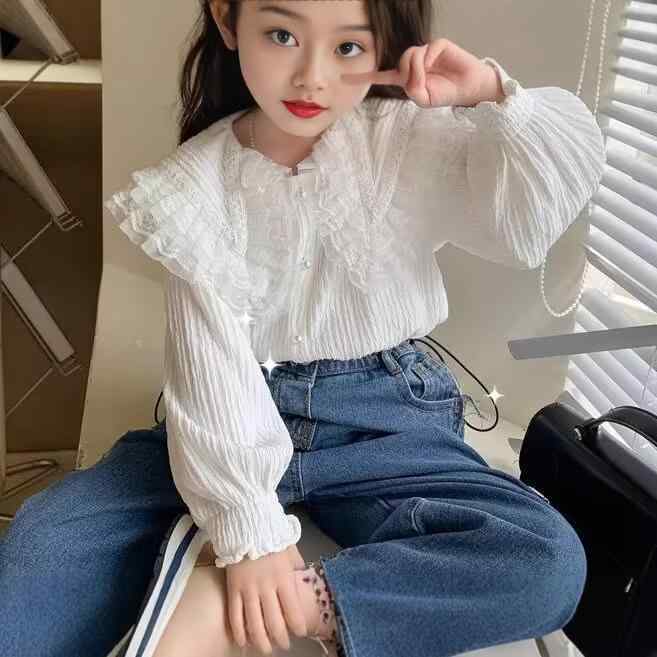 シャツ キッズ 女の子 レース フリル 長袖 トップス プリンセス カットソー インナー(4.0)