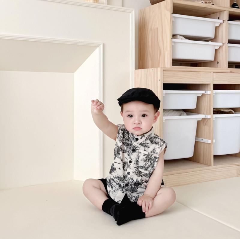 シャツ ベビー 男の子 国風 綿布 上着 水墨画 ノースリーブ 立襟 普段使い かわいい