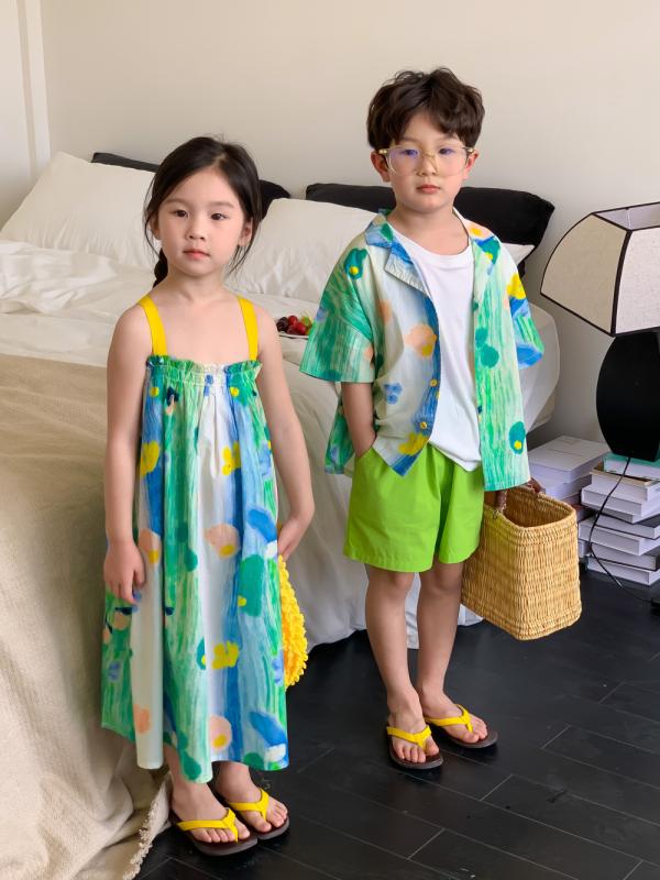 2ワンピース 子供 男女兼用 韓国風 水墨画柄 キャミソールワンピース 半袖シャツ セットアップ キッズ 襟付き トップス 春夏 かわいい
