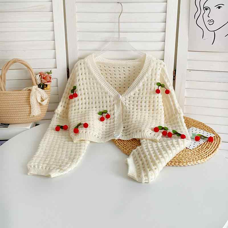 ニット レディース 秋冬 Vネック 長袖 ニットカーディガン 桜桃 サマーニット トップス ゆったり かわいい ガーリー フェミニン