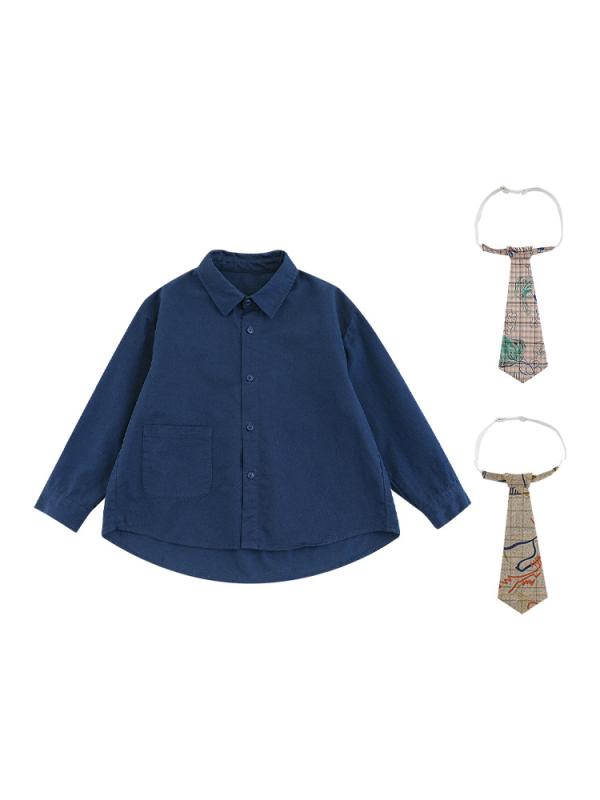シャツ 子供 長袖 シンプル 無地 春秋 ファッション 落書き 取り外し可能 ネクタイ付き