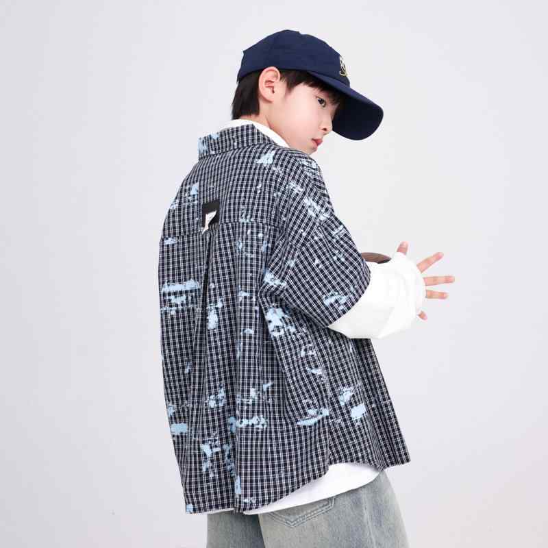 シャツ キッズ 長袖 チェック柄 切り替え 子供服 秋物 秋服 ボーイズ アウター 羽織り
