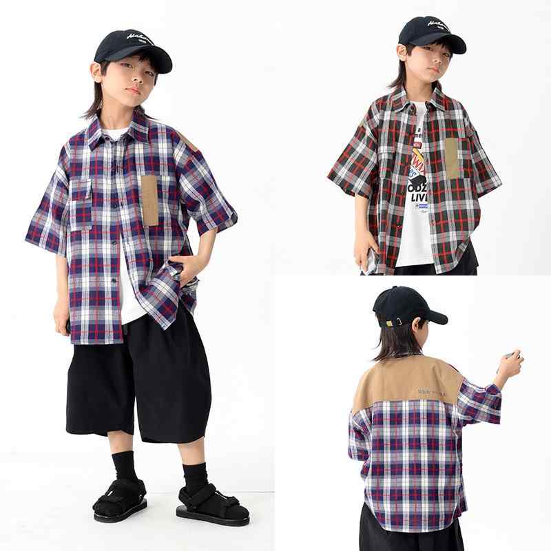 シャツ キッズ 半袖 子供 格子柄 切り替え トップス かっこいい おしゃれ かわいい 小学生 幼稚園 保育園 通園 通学