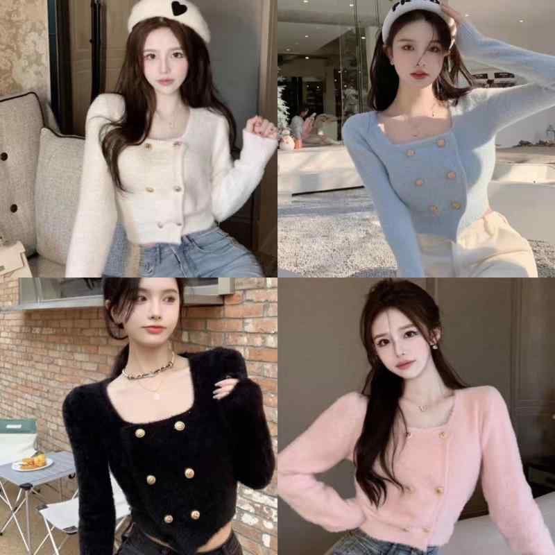 Long-Sleeved Knit - カーディガン レディース ニットカーディガン ショート丈 トップス Vネック ダブルボタン ニット デザイン性 かわいい 韓国風 フェミニン 着痩せ効果 デート お出かけ