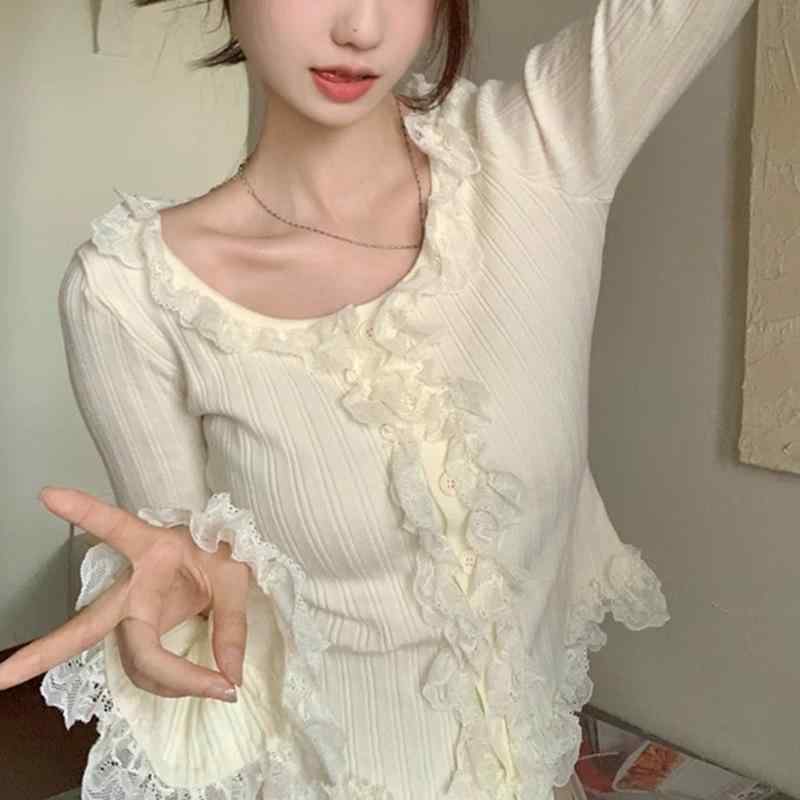 Three-Quarter Knit - ニットカーディガン レディース 春秋 レース ニット トップス 法式 かわいい インナー レイヤードスタイル デート 普段使い