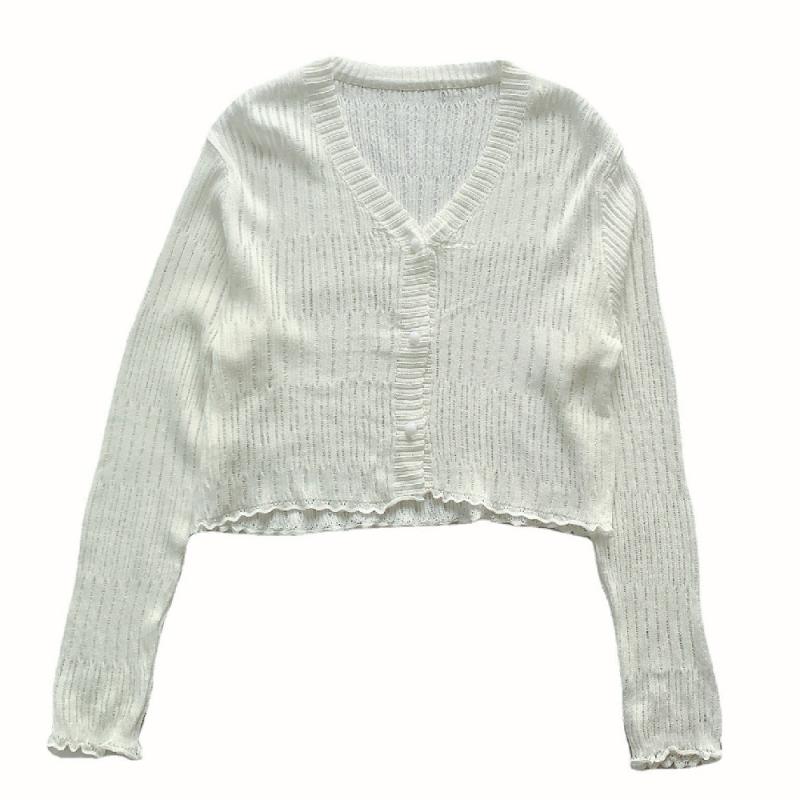 Knitting, Sweaters - ニットカーディガン レディース Vネック 長袖 ニット トップス 春夏 羽織り ショート丈 小柄 かわいい