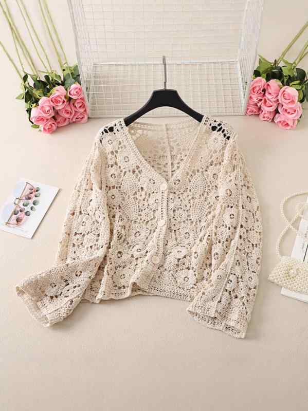 カーディガン レディース 春夏 長袖 薄手 ニット かぎ編み ショート丈 冷房対策 羽織り トップス 配色 おしゃれ かわいい