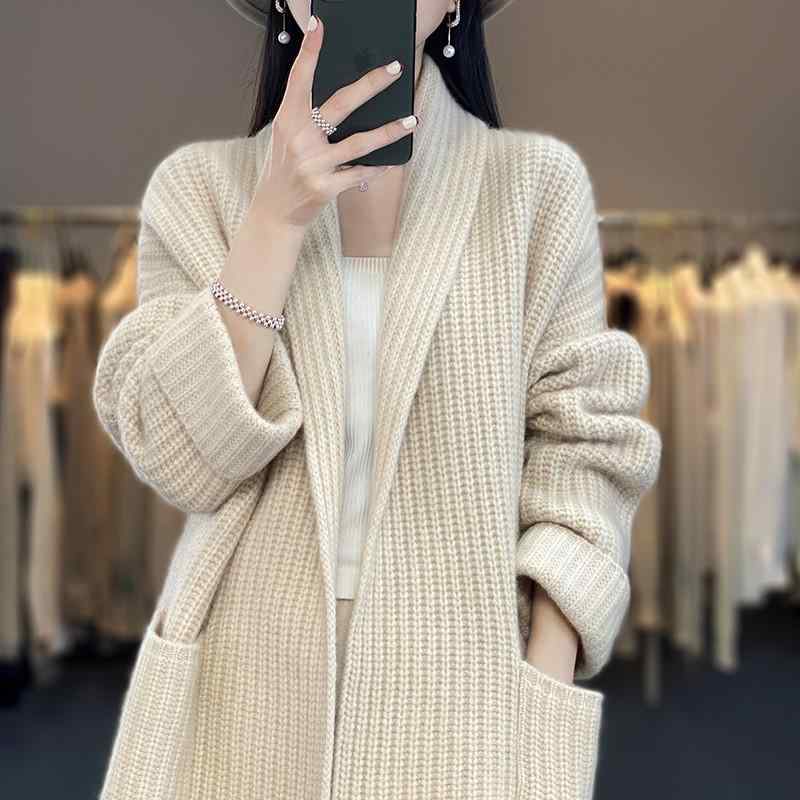 Long-Sleeved Knit - カーディガン レディース Vネック 秋冬 ニットカーディガン 中長丈 ゆったり 羽織り トップス ドロップショルダー ポケット