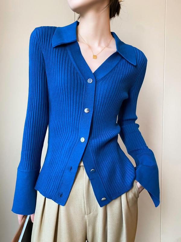 Long-Sleeved Knit - シャツ レディース 秋冬 ファッション クライン ブルー ニット カーディガン トップス 長袖 きれいめ おしゃれ 羽織り 通勤 オフィス