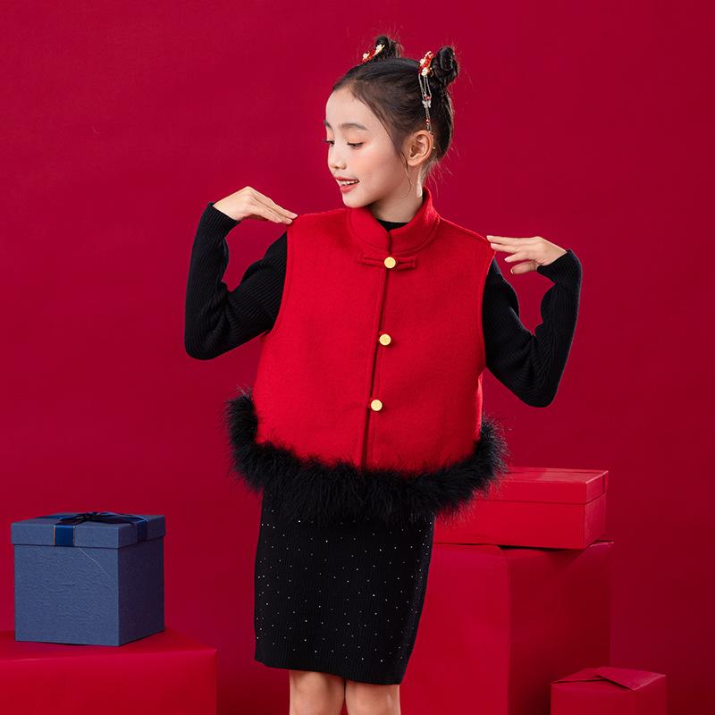 子供服 女の子 冬物 新作 ベスト ロング ワンピース ニット 2点セット 中国風 セットアップ 大 মেয়ে เสื้อผ้า