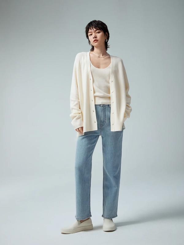 ニット レディース Vネック ベスト 長袖 カーディガン アンサンブル セットアップ ウール100% チュニック丈 ミドル丈 切り替え 重ね着風 レイヤード スタイル 着回し