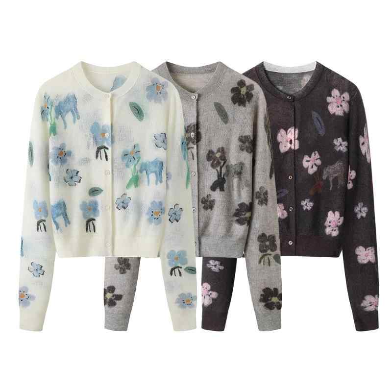 ニット レディース 花柄 薄手 ラウンドネック 長袖 高級感 柔らかい 伸縮性 カーディガン 小众 慵懒风 秋冬