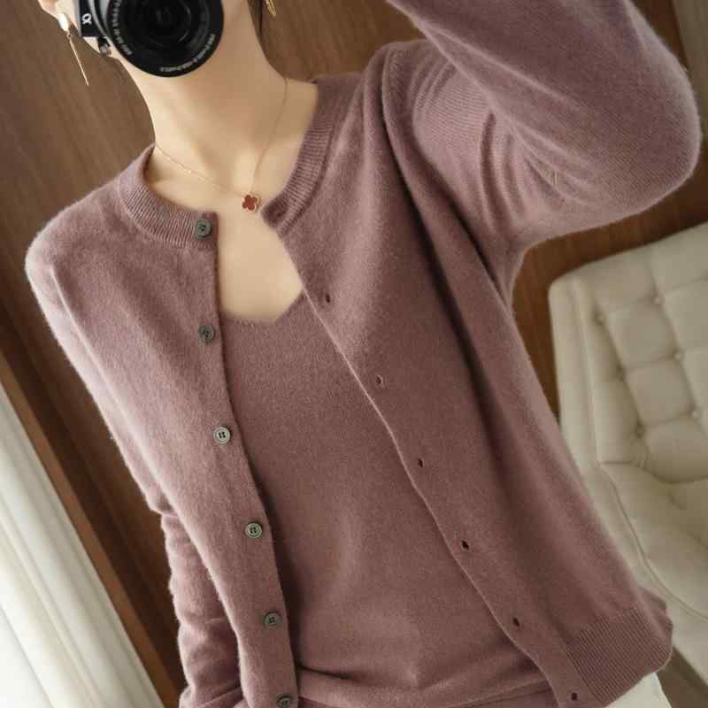 Long-Sleeved Knit - カーディガン レディース ニット トップス インナー ラウンドネック 春物 アウター ウール セーター