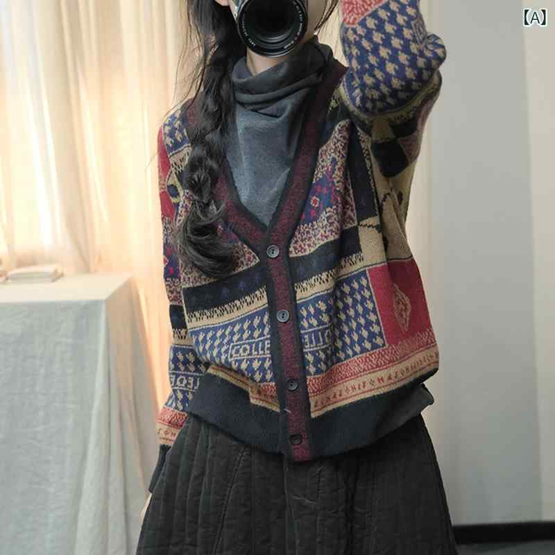 ニット レディース 秋冬 Vネック 薄手 カーディガン 民族風 小柄 不規則 プリント2...