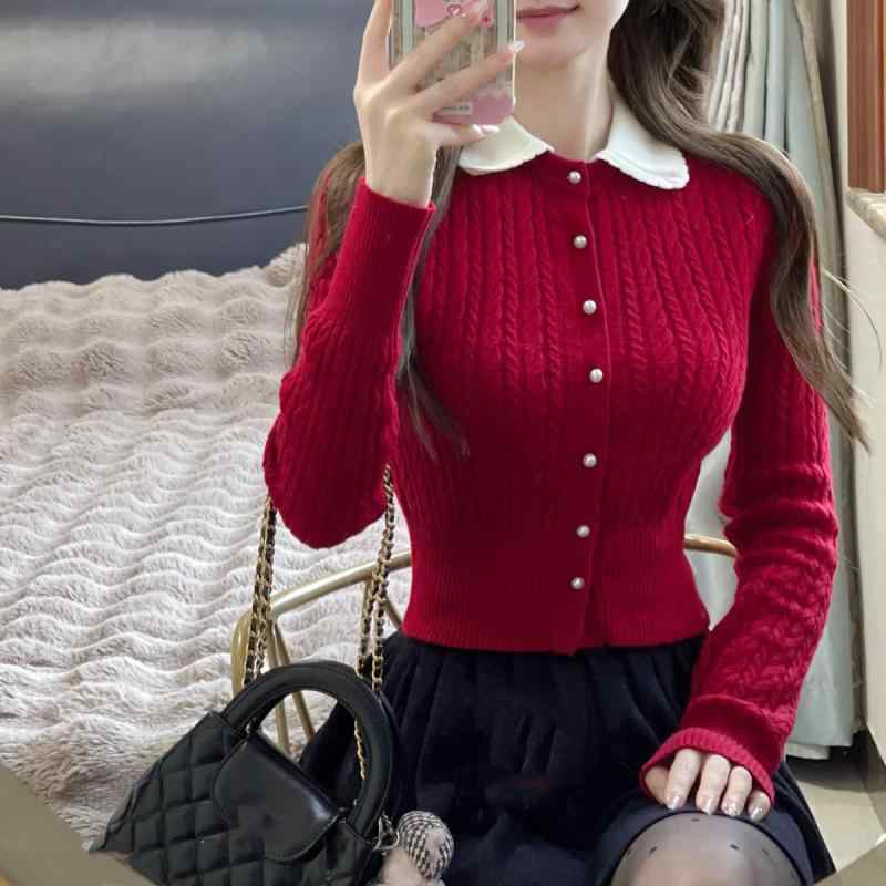 カーディガン レディース 秋冬 ニット トップス 赤色 襟付き かわいい 上着 羽織り