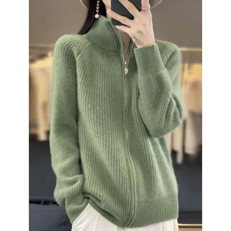 ニット レディース ウール カーディガン 秋冬 ジップアップ スタンドカラー 無地 羊毛 あったか 羽織り トップス アウター