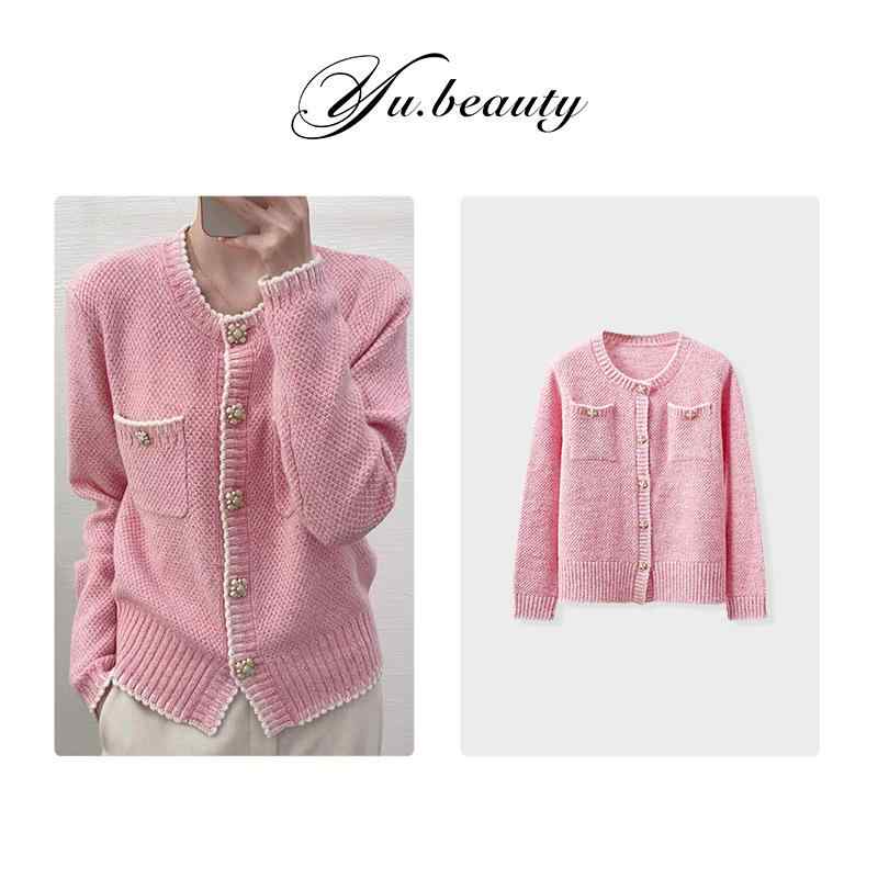 カーディガン レディース 春夏 ニット 粗花呢 小香風 桜色 花柄 ボタン付き ソフト 山羊毛 ラウンドネック 金糸 エレガント かわいい おしゃれ