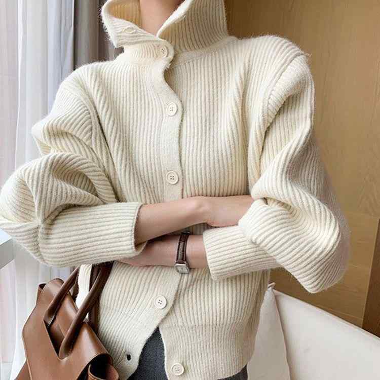 ニット カーディガン レディース ランタンスリーブ ポロ 襟 ゆったり 厚手 ニット トップス 韓国風 フェミニン ガーリー 高見え おしゃれ かわいい 羽織り