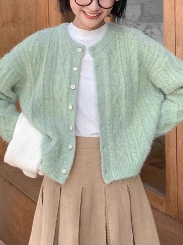 ニットカーディガン レディース 秋冬 韓国風 キャンディカラー 柔らかい 纯色 無地 ラウンドネック ドロップショルダー ゆったり かわいい ふわふわ 暖かい 羽織り トップス アウター2