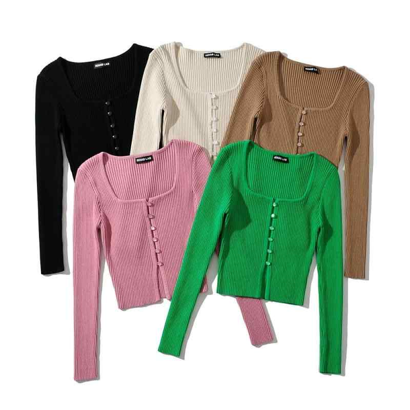 Long-Sleeved Knit - ニットカーディガン レディース 春物 スリム 長袖 トップス セクシー スクエアネック タイト リブニット カットソー ショート丈 羽織りもの オフィス カジュアル