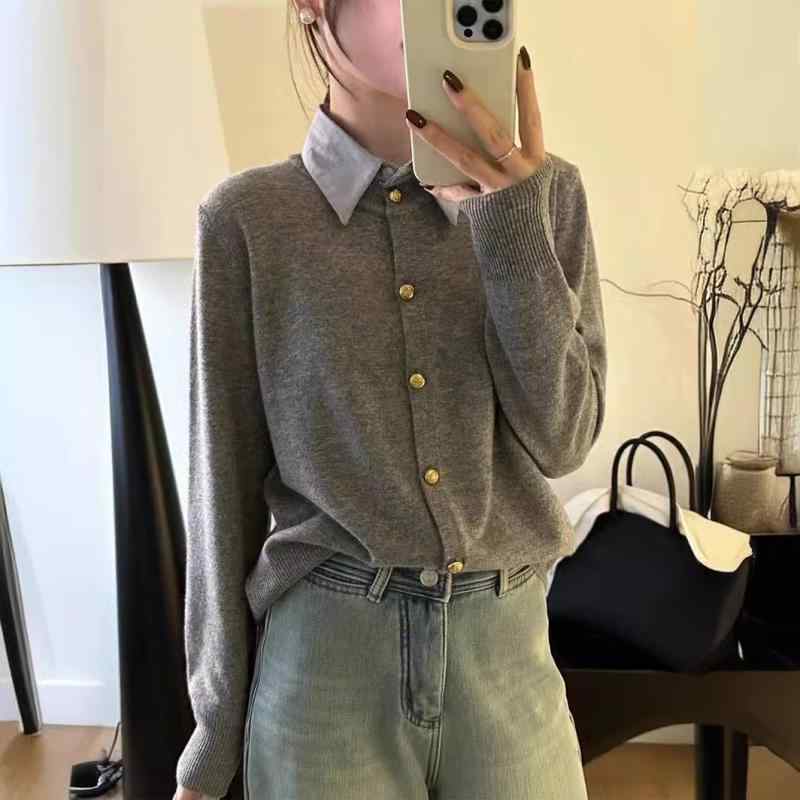カーディガン レディース 春 ファッション ニット トップス 襟付き リラックス カジュアル アウター 羽織2