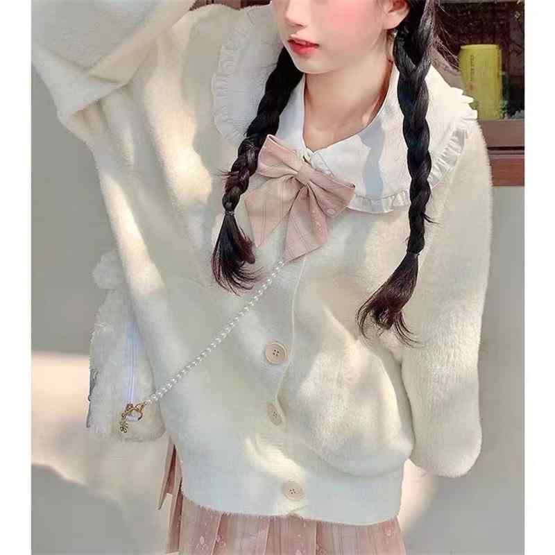 ニットカーディガン レディース 秋冬 トップス ふわふわ もこもこ 柔らかい 肌触り 米白色 かわいい ガーリー ゆったり 暖かい 羽織り2