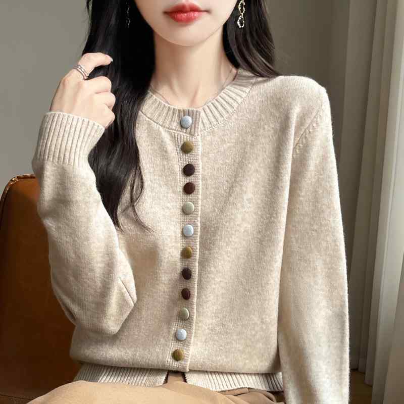 Long-Sleeved Knit - カーディガン レディース ニット 丸首 プルオーバー トップス ファッション 気質 アウター 上着 羽織 秋冬
