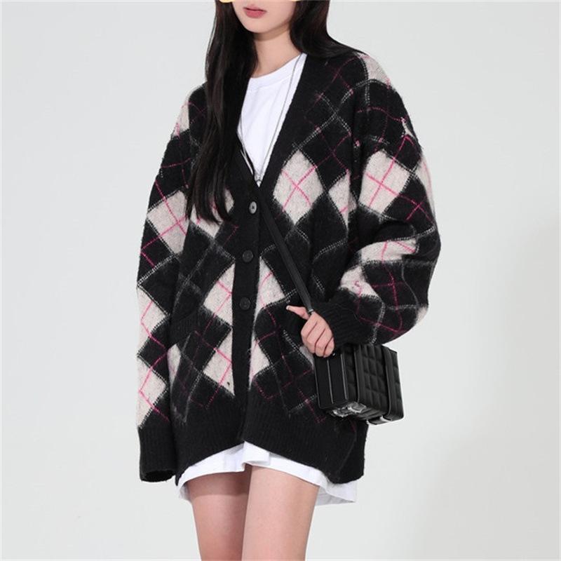 No Sleeve Knit - ニット レディース 秋冬 Vネック ゆったり トップス カーディガン 配色 あったか かわいい 菱形 リラックス カジュアル
