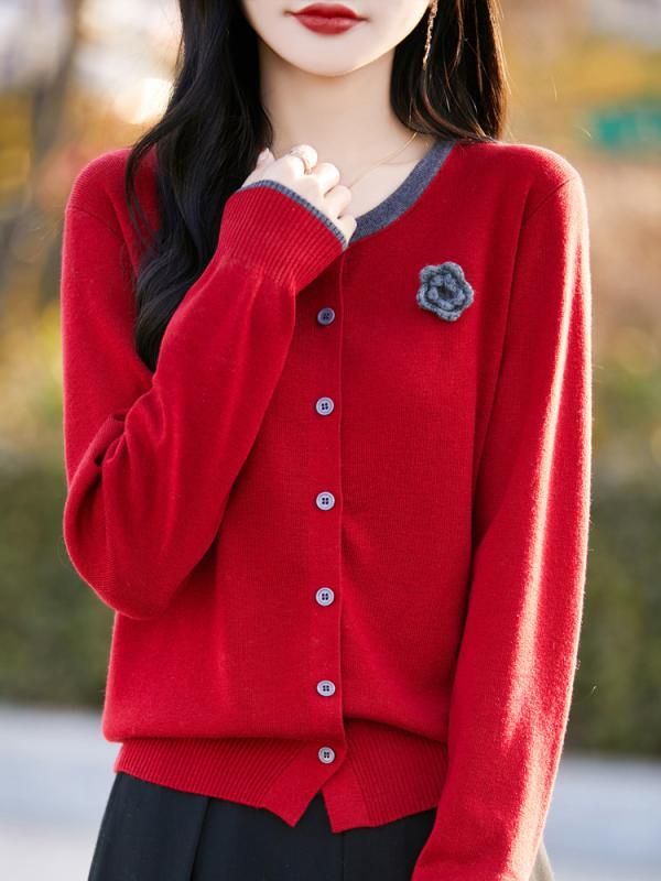 ニット レディース カーディガン 春物 女性用 ウール トップス ニットカーディガン ローズ 薔薇 刺繍 配色 長袖 アウター