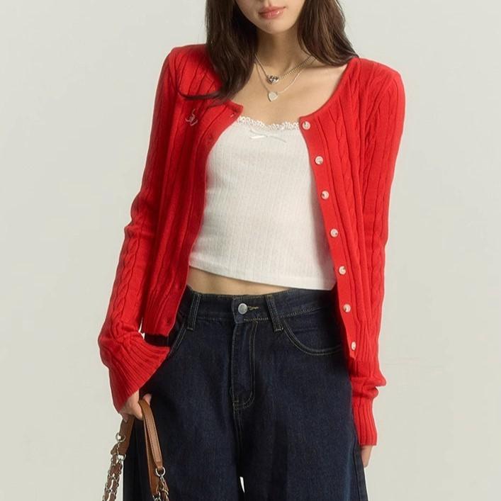 Long-Sleeved Knit - カーディガン レディース 韓国風 レトロ トップス ニット 麻花 ケーブル編み 早秋色 ショート丈 アウター