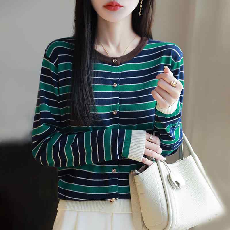 Three-Quarter Knit - ニット レディース カーディガン 長袖 春夏 ウール 切り替え 配色 ストライプ ゆったり トップス 羽織り 上着