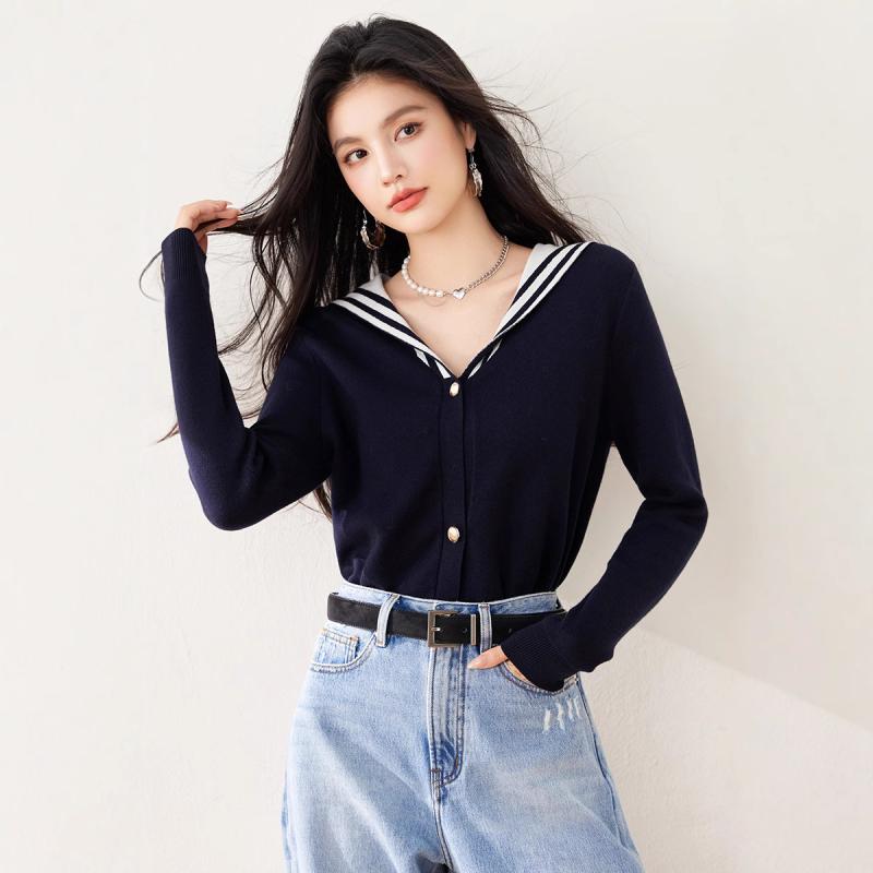 カーディガン レディース 春秋 長袖 ニット トップス 海軍襟 小柄デザイン 通勤 かわいい おしゃれ