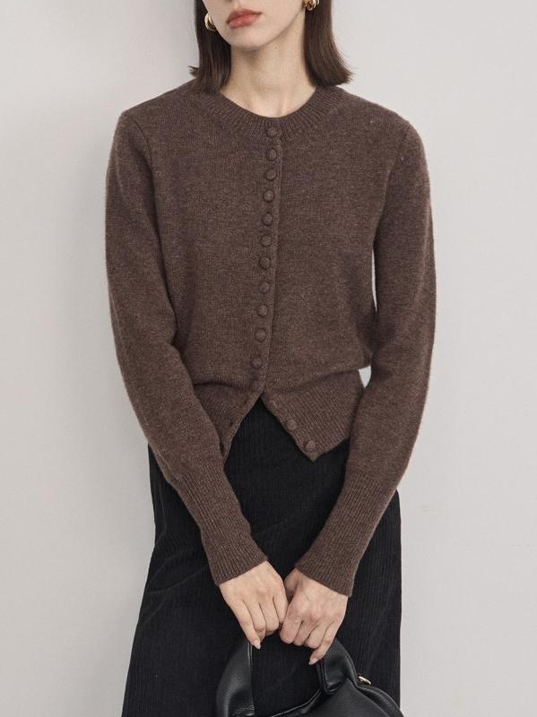 袖針織 - ニット レディース カーディガン 秋冬 ウール トップス おしゃれ かわいい カットソー あったか 丸首 羽織り