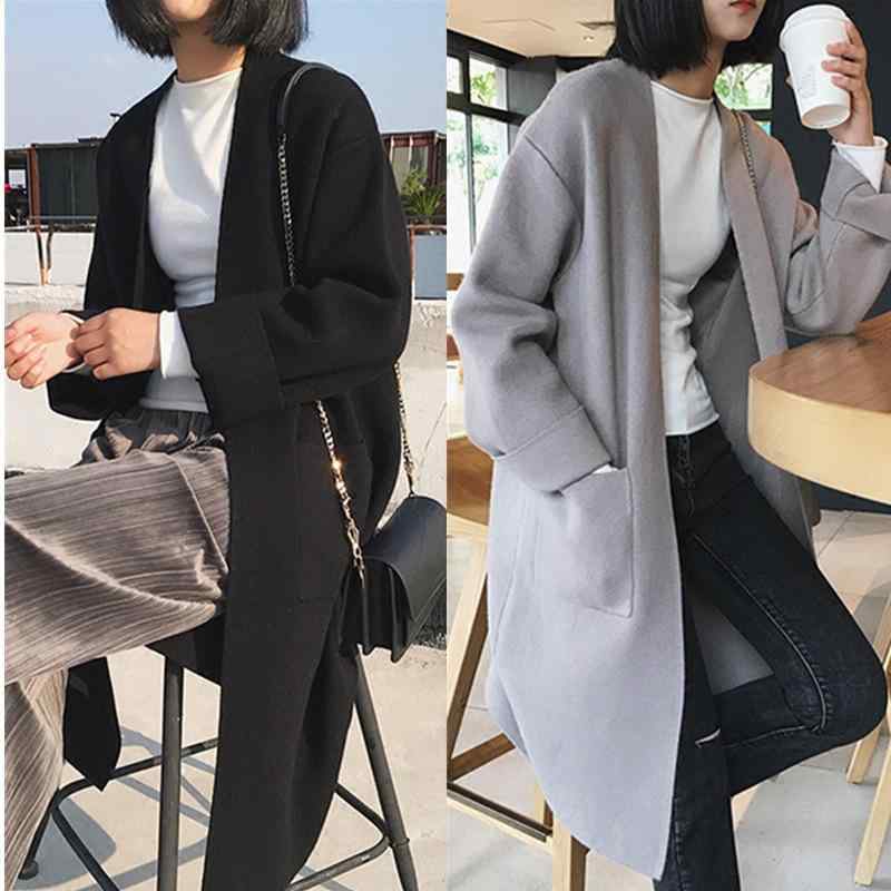 ニット カーディガン レディース 韓国風 ゆったり 厚手 ミディアム丈 無地 アウター 羽織りもの 春秋