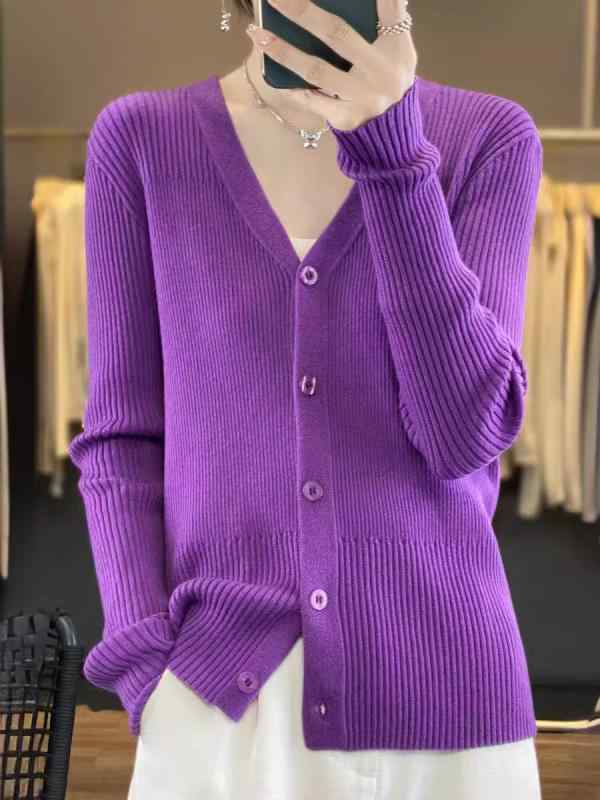 カーディガン レディース 春秋 ニット Vネック 長袖 トップス 無地 アウター 羽織り