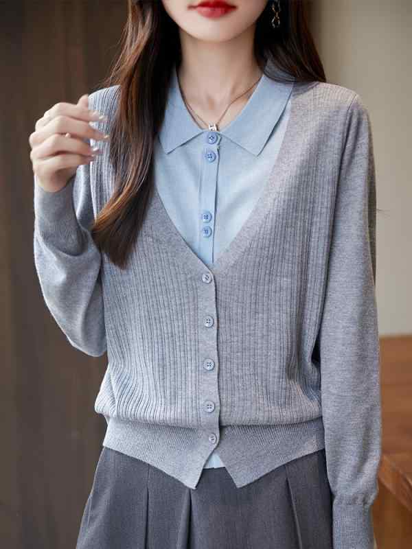 Long-Sleeved Knit - カーディガン レディース ニット 切り替え トップス 長袖 春秋 快適 付け襟風 レイヤード あったか