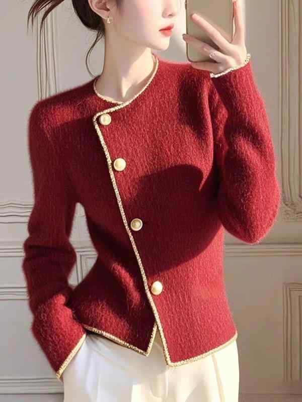 ニットカーディガン レディース 赤色 秋冬 厚手 クリスマス 女性用 トップス インナー レトロ かわいい 普段使い