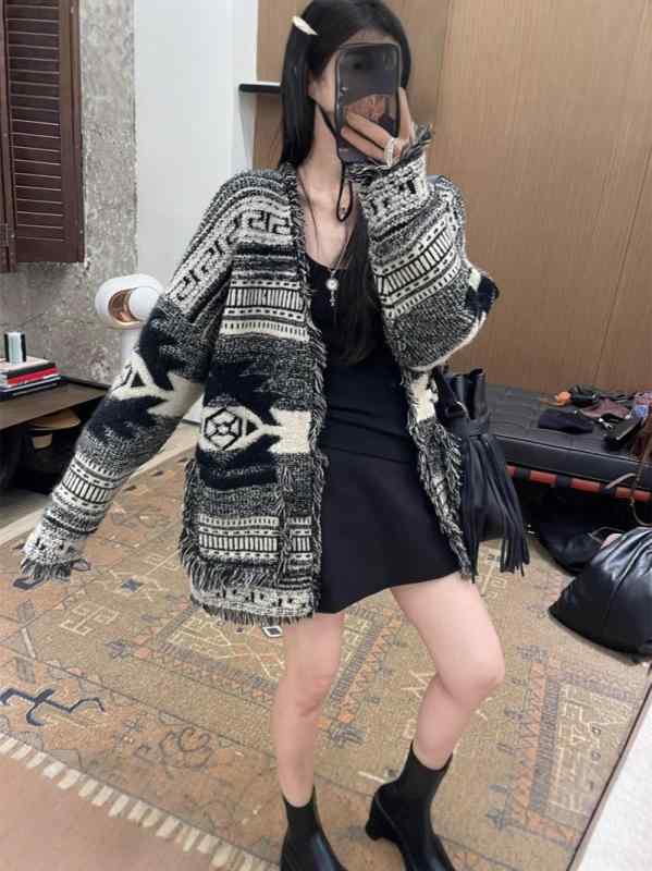 ニット カーディガン レディース フェアアイル柄 トップス レトロ ジャカード編み ルーズ 長袖 ニットカーデ 羽織り 秋冬