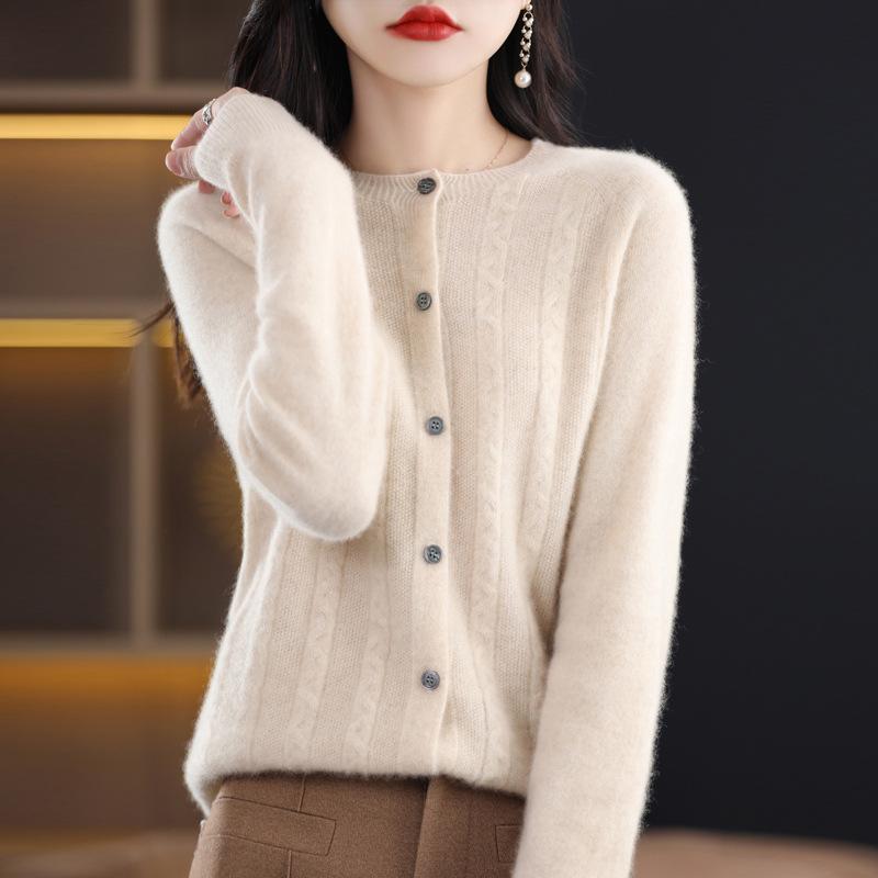 Long-Sleeved Knit - カーディガン レディース 春秋 ラウンドネック 無地 ゆったり 提花 アウター ニット トップス ニットウェア 上着 羽織もの